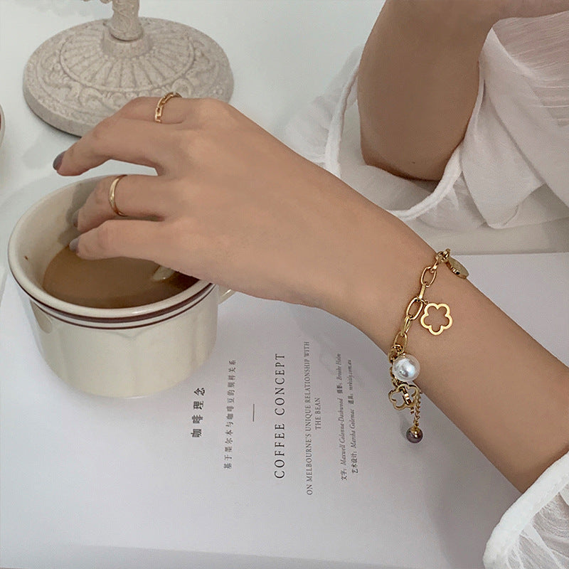 Stainless S/Steel Gold Plated Charm Bracelet Hollow Flower