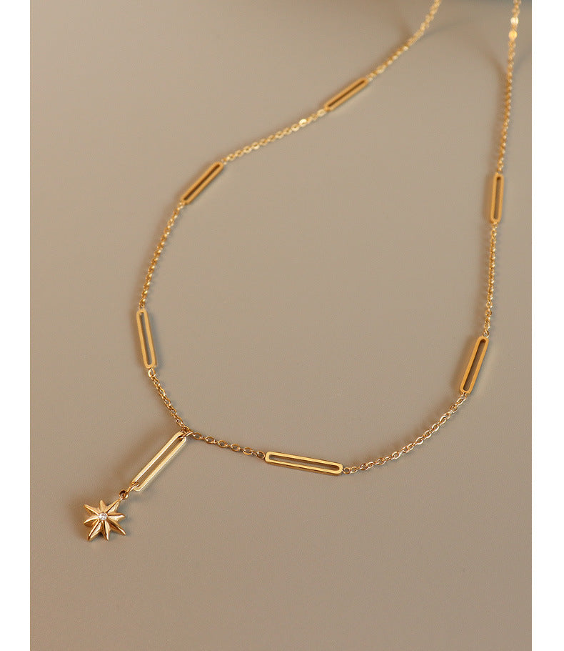 Gold Plated Titanium Necklace with Hexagram Zircon Pendant