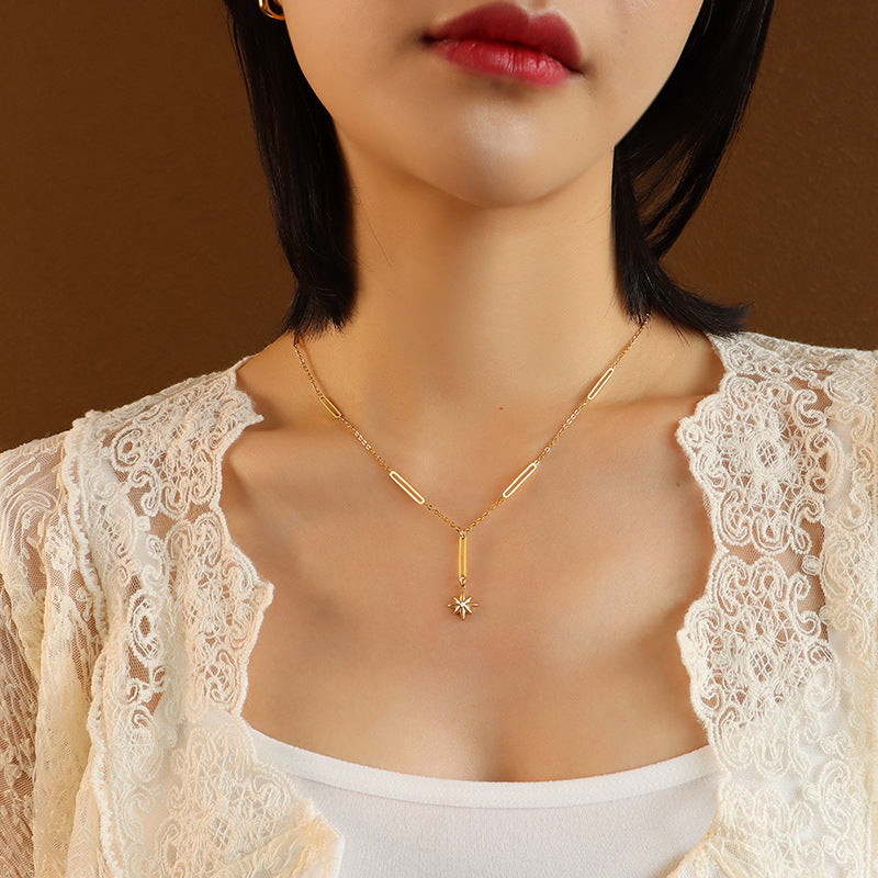 Gold Plated Titanium Necklace with Hexagram Zircon Pendant