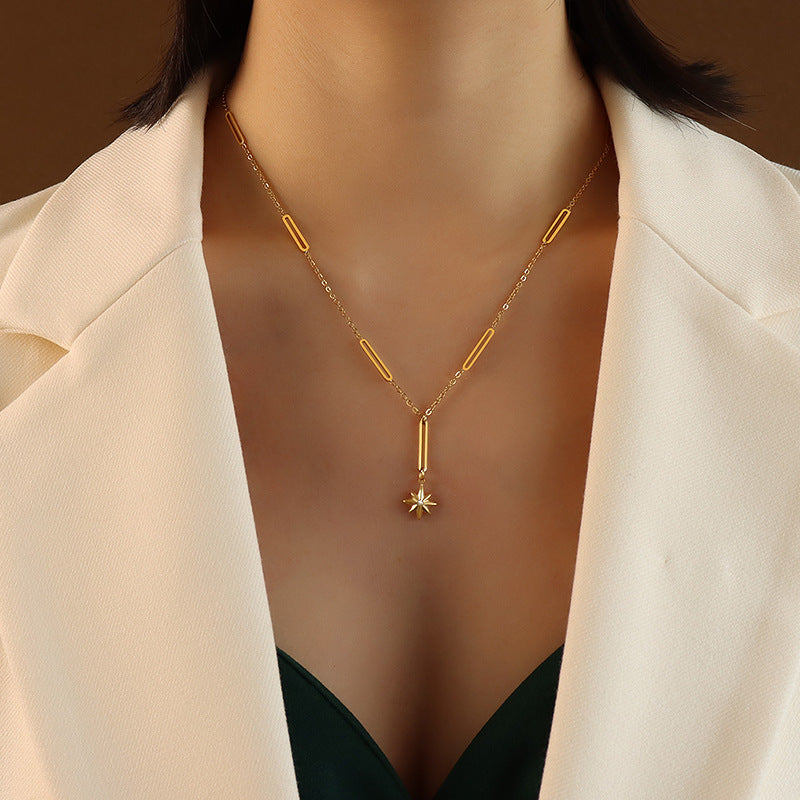 Gold Plated Titanium Necklace with Hexagram Zircon Pendant