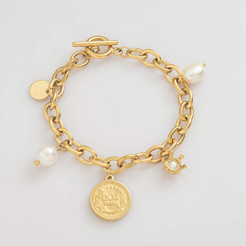 Coin Pearl Diamond charm bracelet