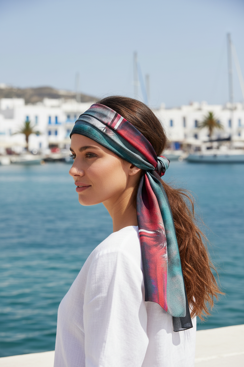 Isidora shown at true scale as a narrow silk headband