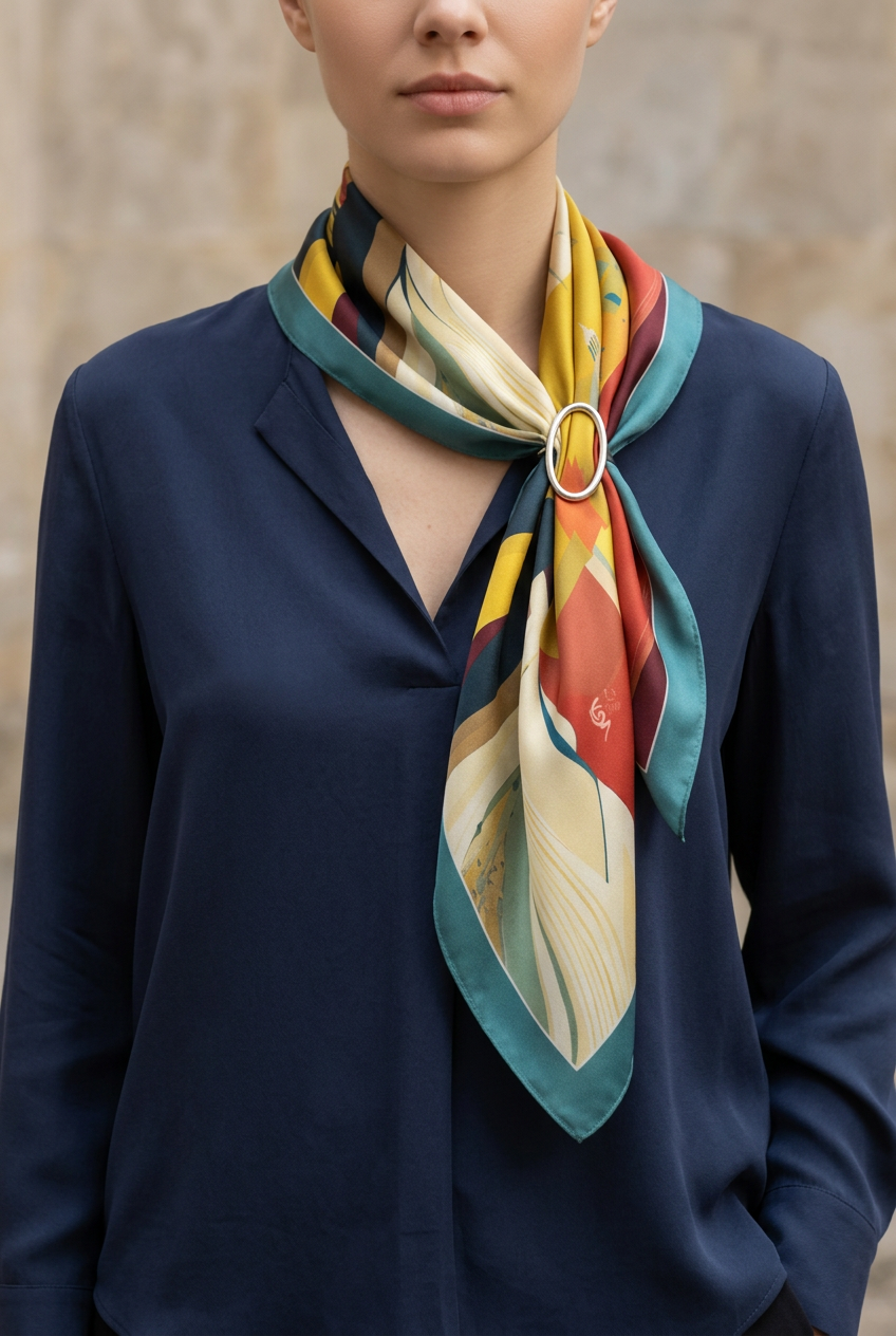 Mariosa scarf with a silver clasp and navy V-neck blouse