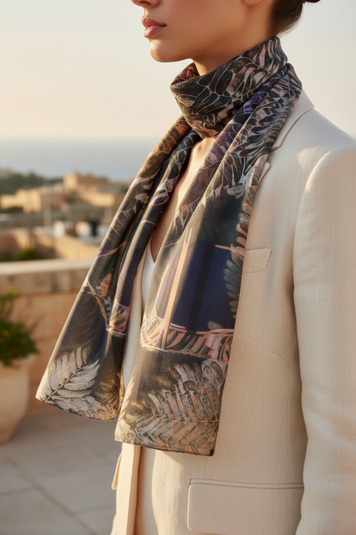 Sunset Tides loosely knotted with a tailored cream blazer