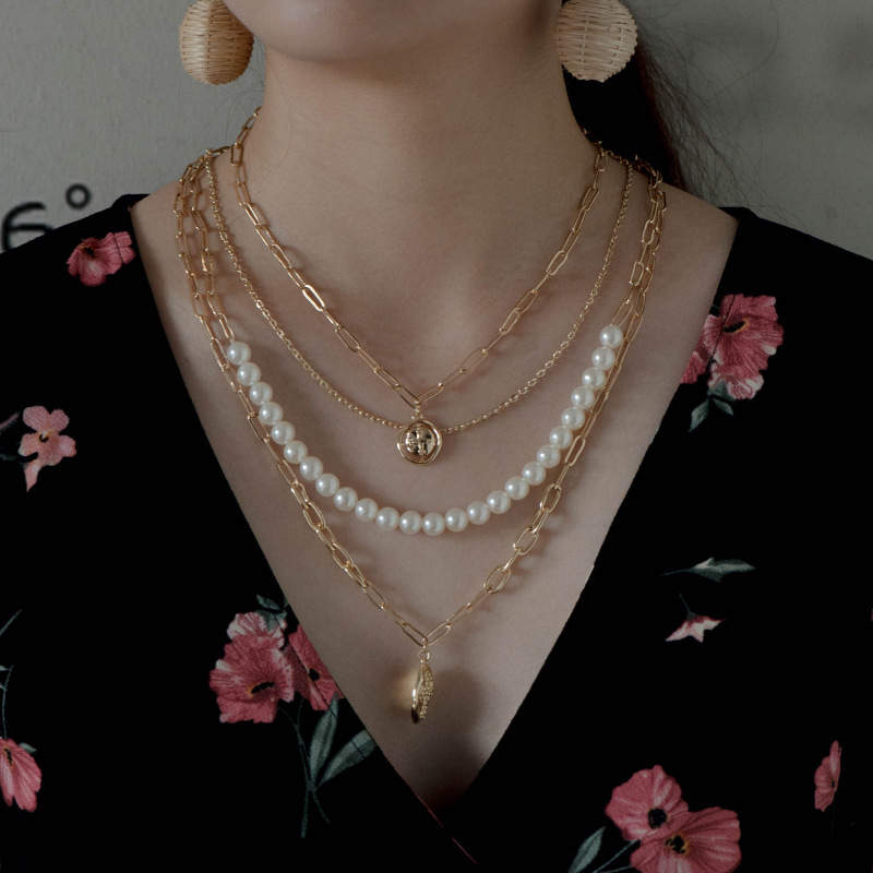 Multi layer Pearl & Gold Necklace set