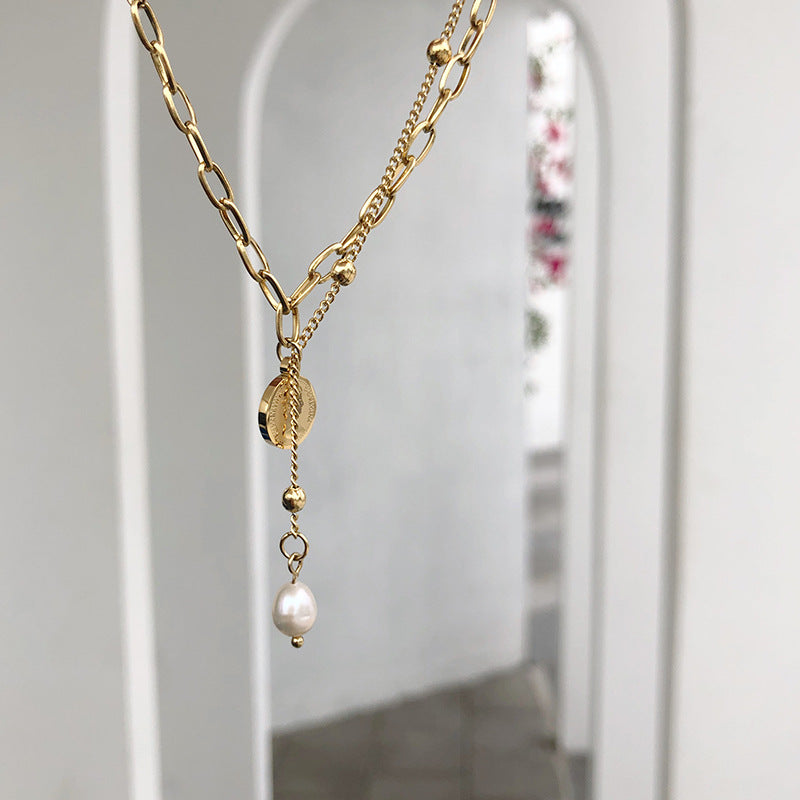 Gold Plated S/Steel Double Chain Pearl Drop Necklace